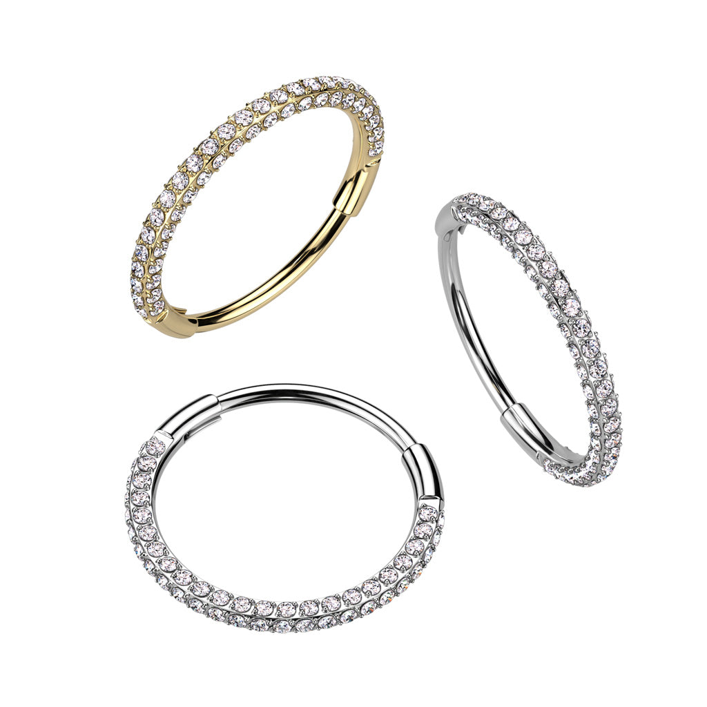 20G Titanium Hinged Segment Hoop W/ 3 Pave CZ Sides For Nose & Ear Piercings